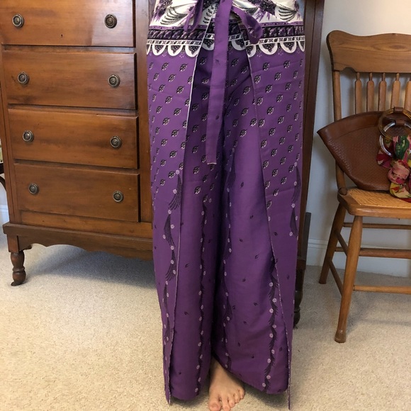 100% Silk Wrap Pants Purple/Cream-Grey - Picture 2 of 6